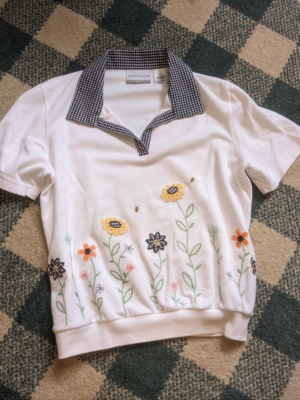 Vintage Alfred Dunner Petite Gingham Collared Embroidered Floral Shirt Size S